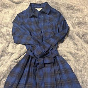Brooks Brothers Navy Blue Plaid Shirt Dress with Tie Belt - Wool Blend Career